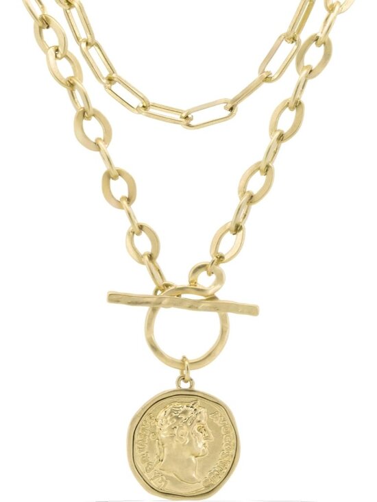 Jewelry - Chunky Coin Antique Gold Plated Thick Link Chain Layered Pendant Necklace for Wo
